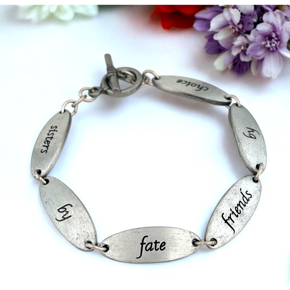 Vintage Pewter Tone Link Bracelet Message Sisters By Fate Friends By Choice - 2S